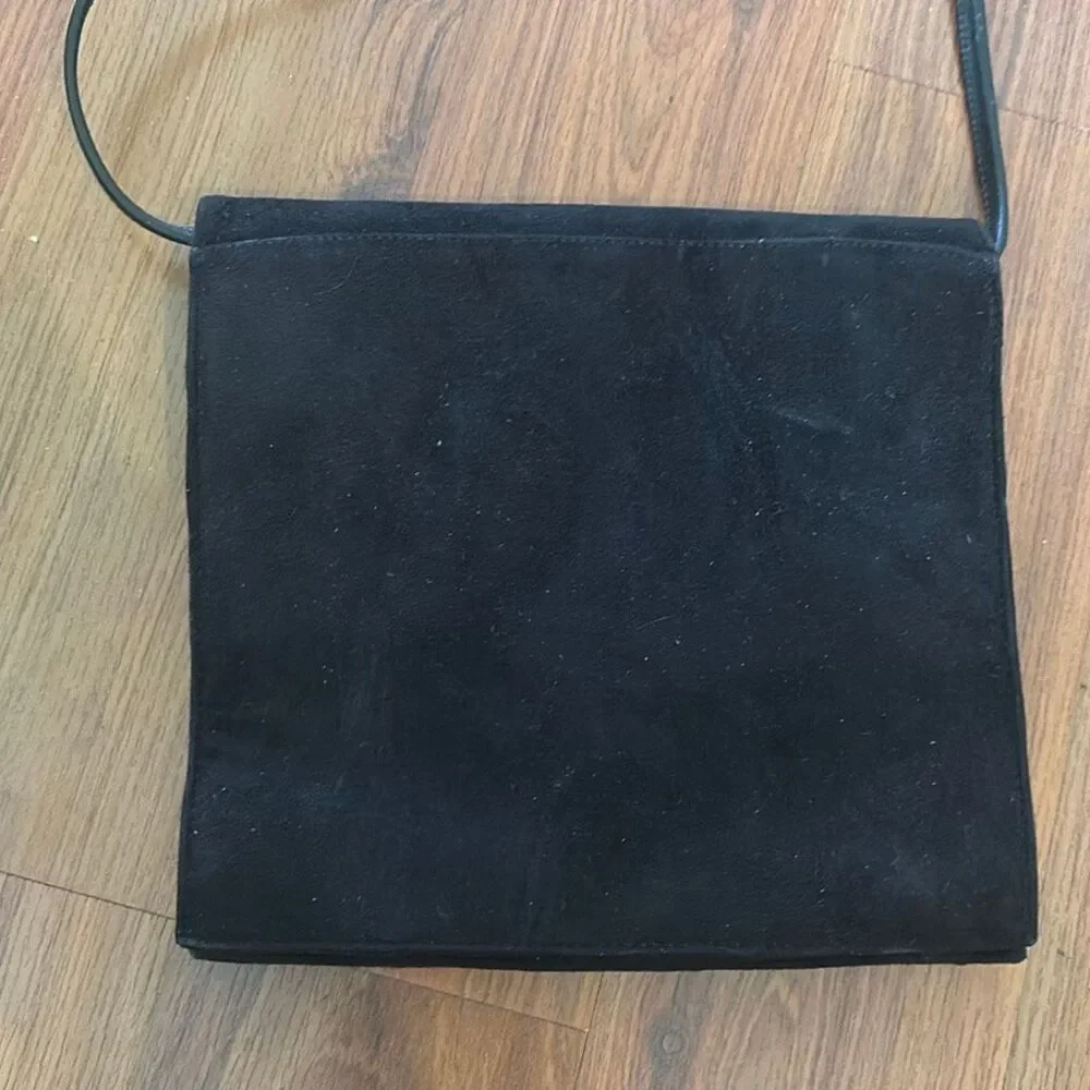 Black suede vintage handbag shoulder bag with gold hardware